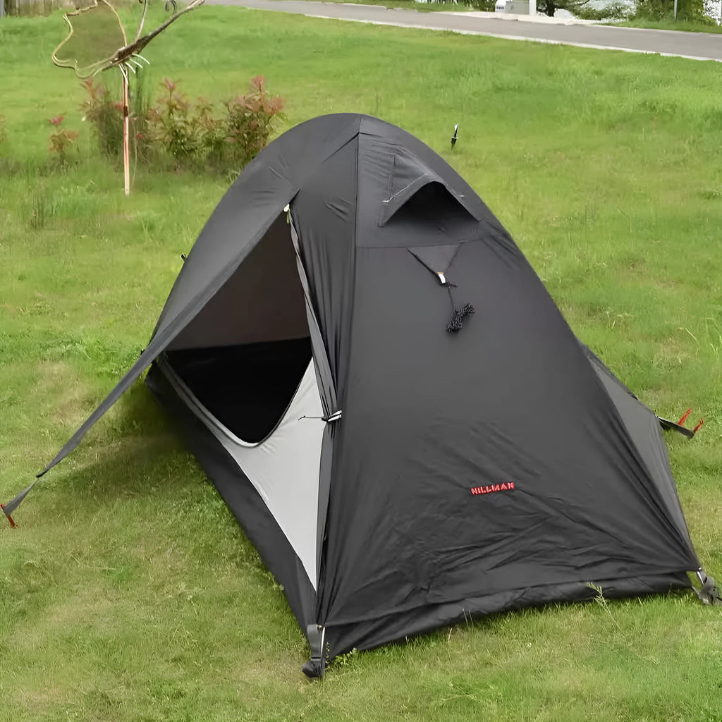 Lightweight single person camping tent with aluminium poles shown in red colour