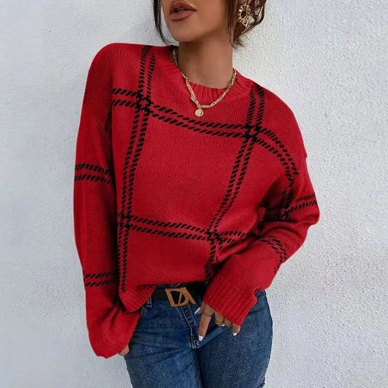 Women's plaid colour-block crew neck acrylic sweater in loose fit with striped pattern