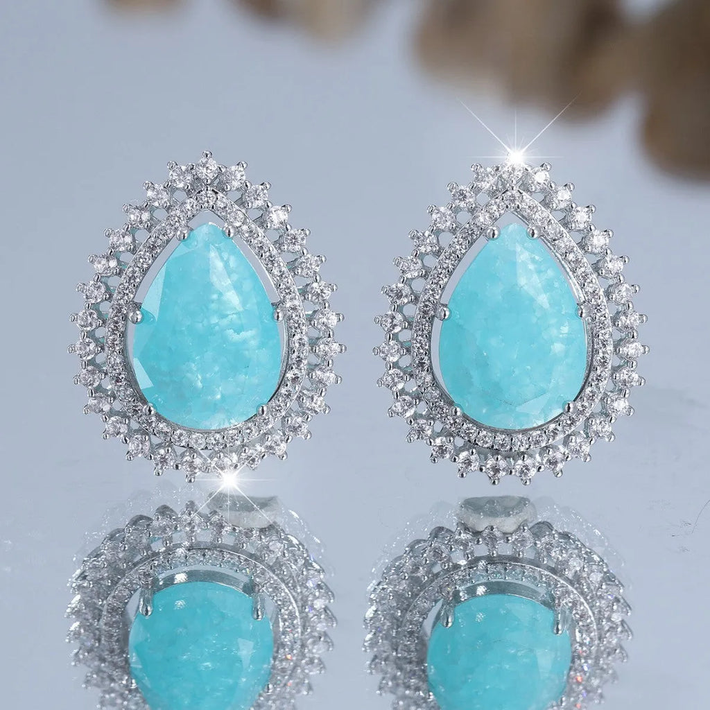 Pair of platinum ice flower diamond drop earrings with heart-shaped copper base