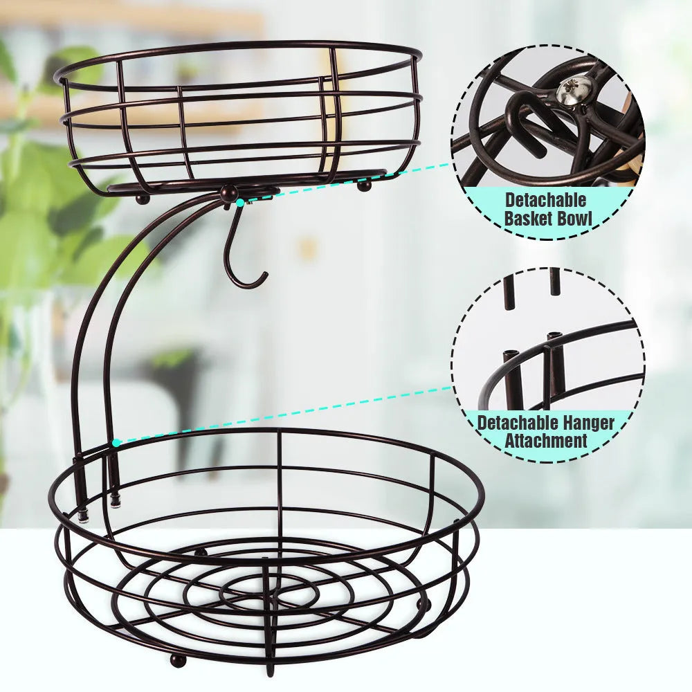 Black wrought iron double-layer fruit basket with two storage tiers