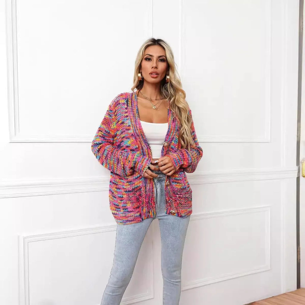 Rainbow mixed colour festival dyed short cardigan knitted coat in rose red on model
