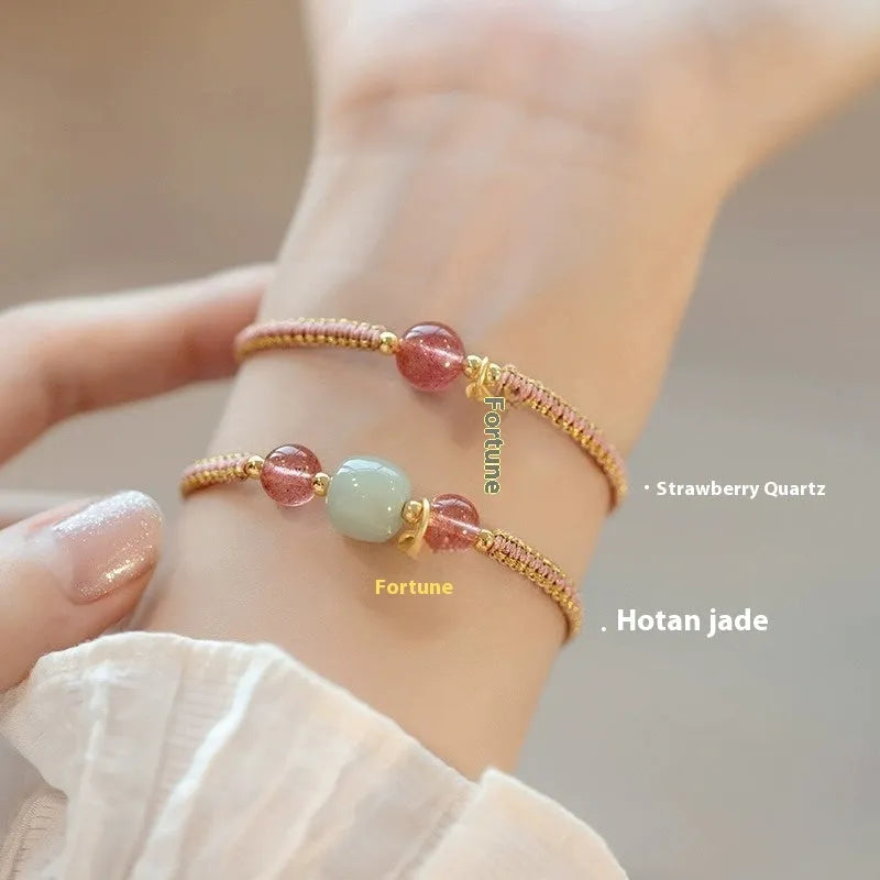 Adjustable red rope bracelet with Strawberry Quartz transfer beads unisex national tide style