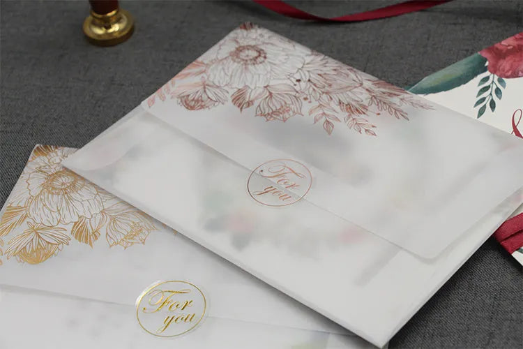 Sulfuric acid paper invitation card with bronzing matte varnish and gold stickers, 12.5x17.6 cm