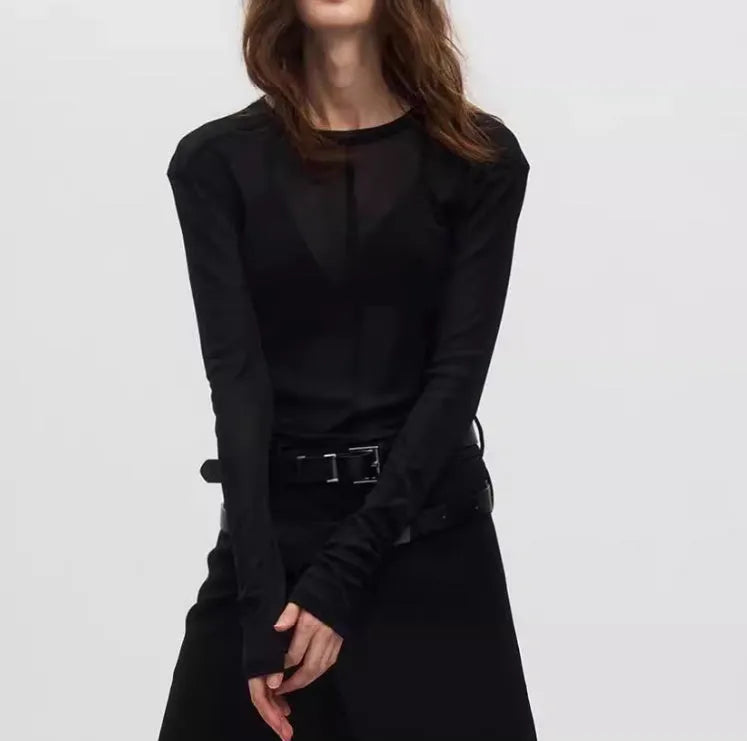 Black mesh texture slim-fit women's pullover with long sleeves and round collar