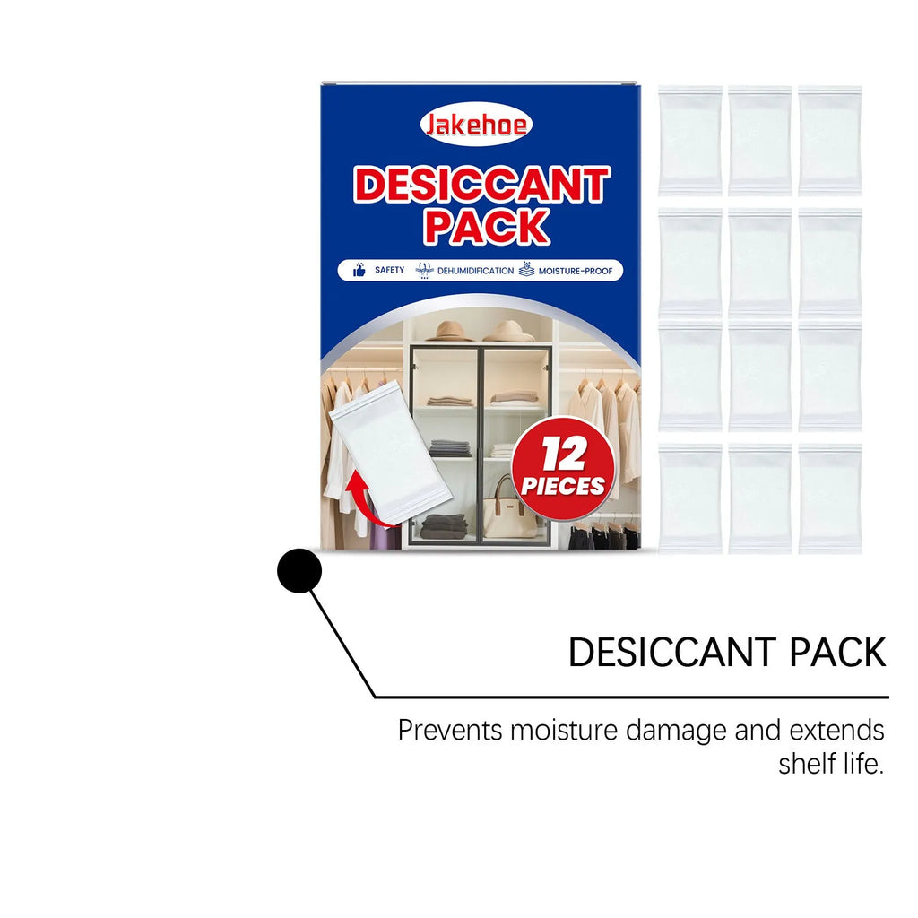 Pack of 12 white calcium chloride desiccant units for household moisture and odour control.