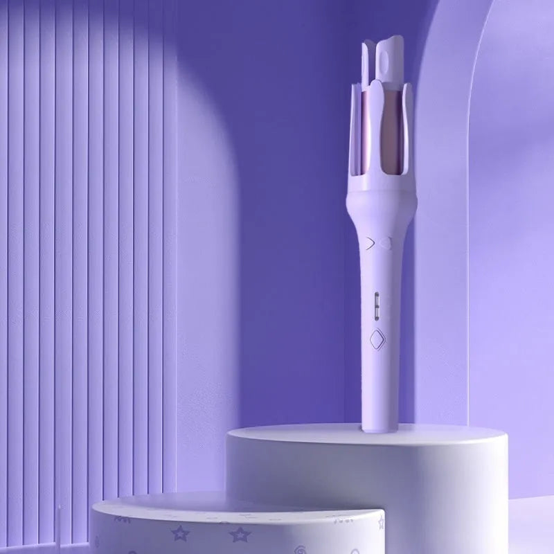 32mm automatic hair curler in pink or purple with UK voltage rating and plug adapters
