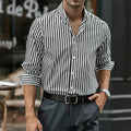 Men's fashion casual holiday button shirt in khaki with long sleeves and striped pattern, loose cardigan style