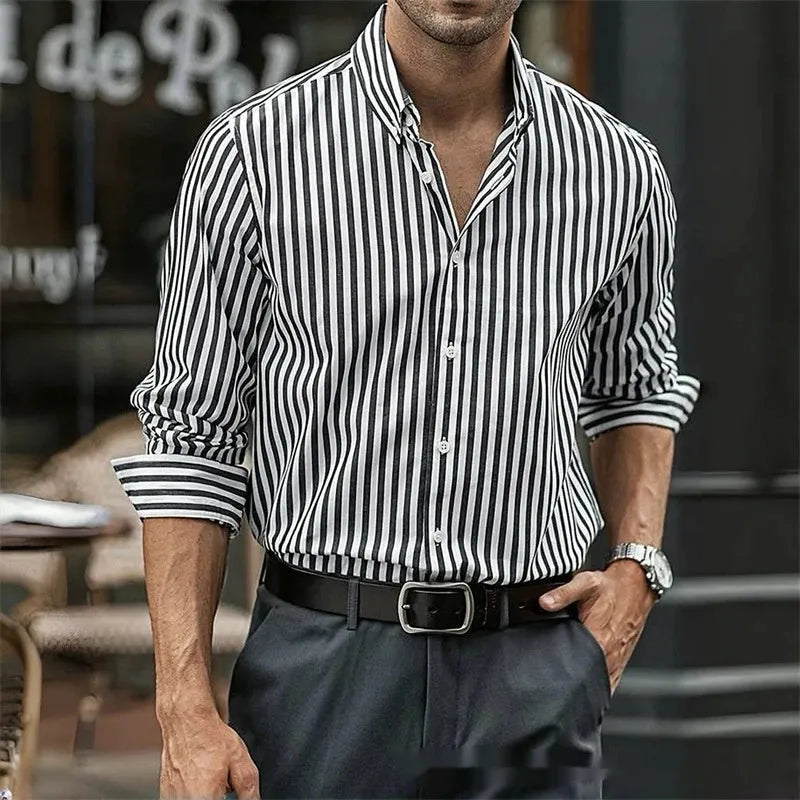 Men's fashion casual holiday button shirt in khaki with long sleeves and striped pattern, loose cardigan style