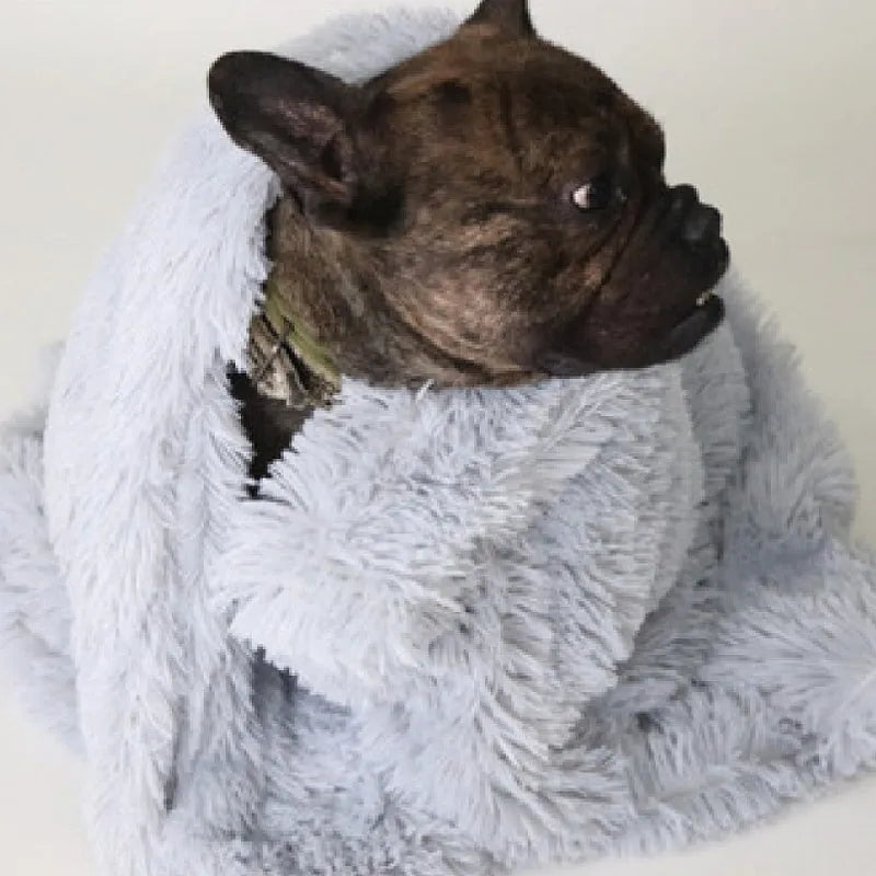 A long plush grey pet blanket for dogs, shown in three different sizes.