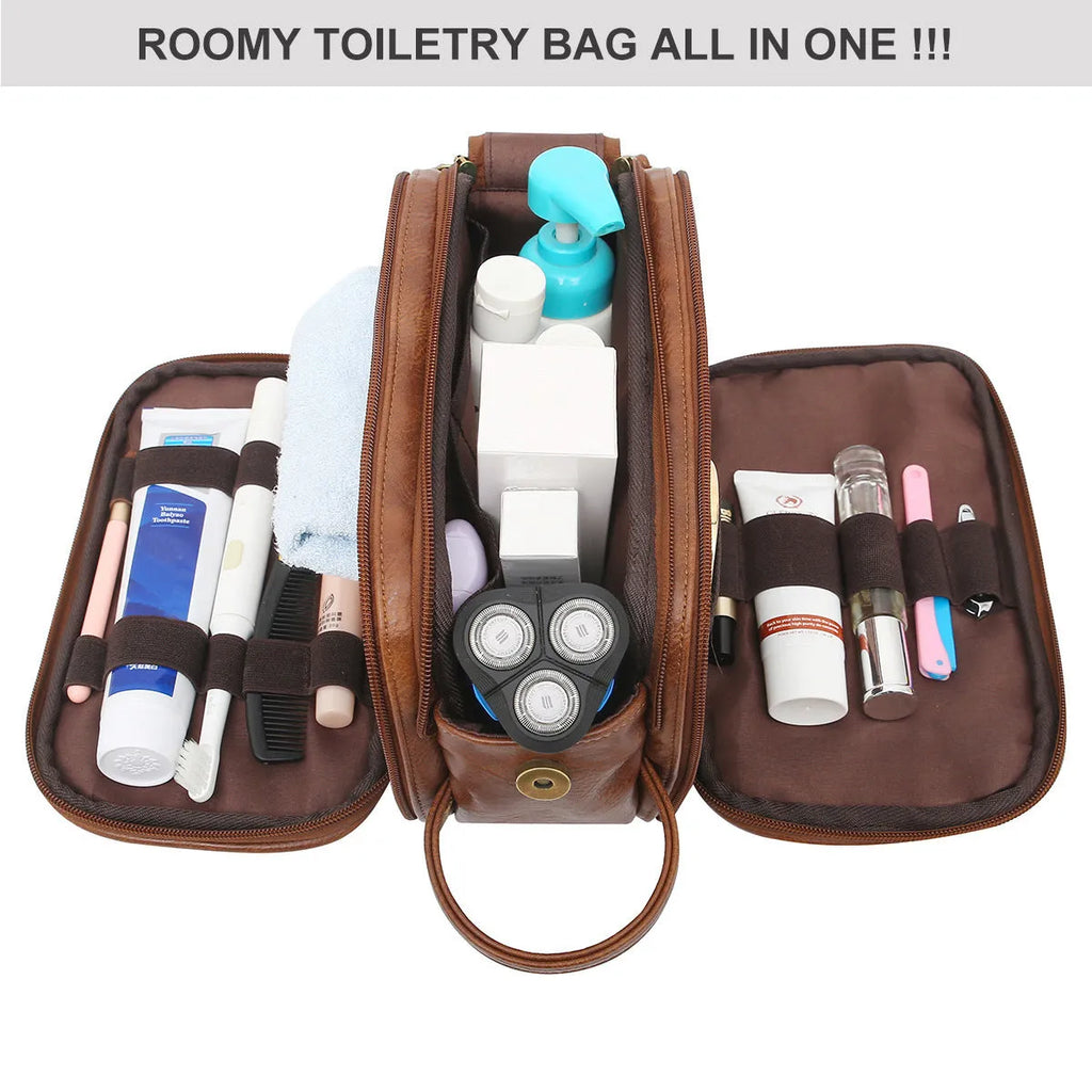 Men's black PU leather toiletry bag with zipped compartment for travel storage.