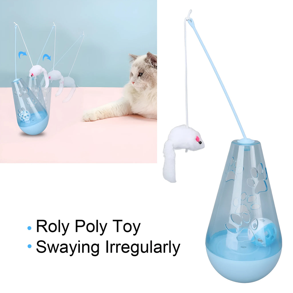 Cat toy with built-in bell ball and plush mouse stick on floor, blue colour, 30cm height