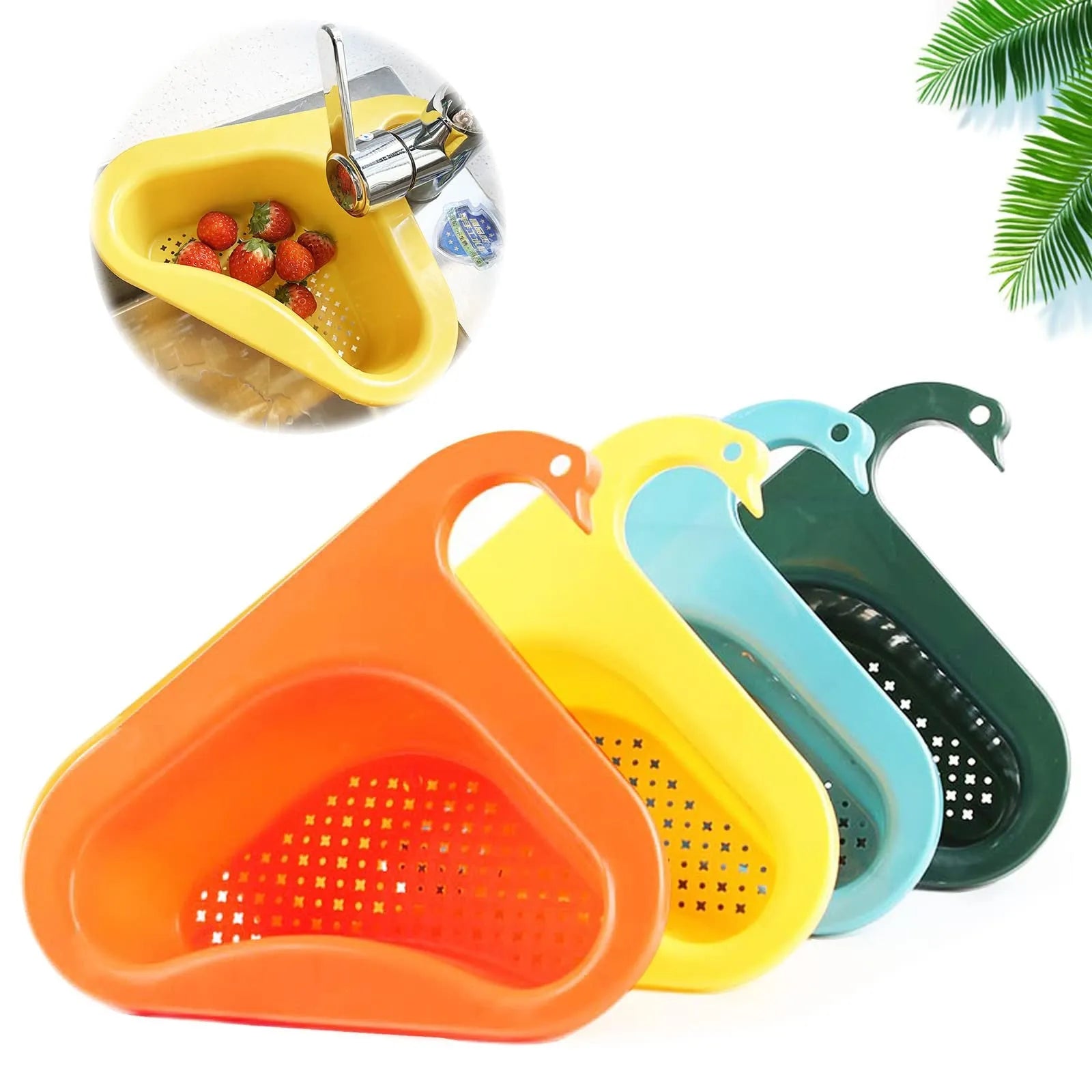 Household sink hanging fruit and vegetable drain basket in green plastic, clipped onto sink rim with slotted base