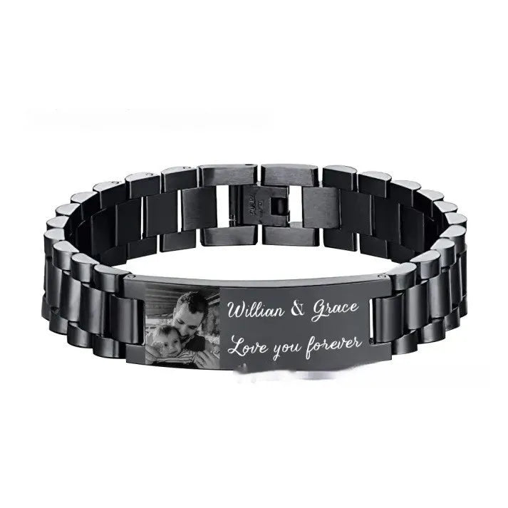 Titanium steel bracelet with curved heart shape and engraved commemorative lettering