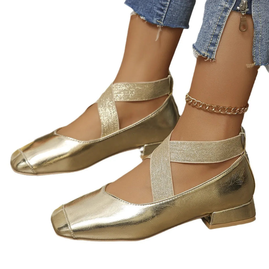 Slip-on pumps with attached skirt in gold, low heel, square toe, artificial PU upper, rubber sole