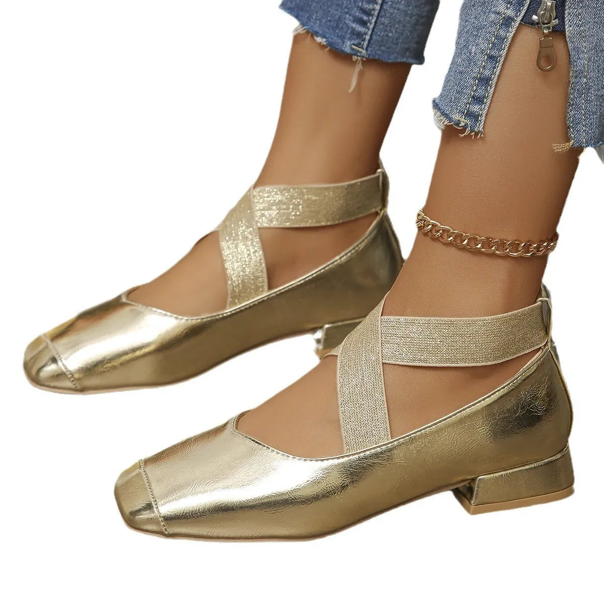 Slip-on pumps with attached skirt in gold, low heel, square toe, artificial PU upper, rubber sole