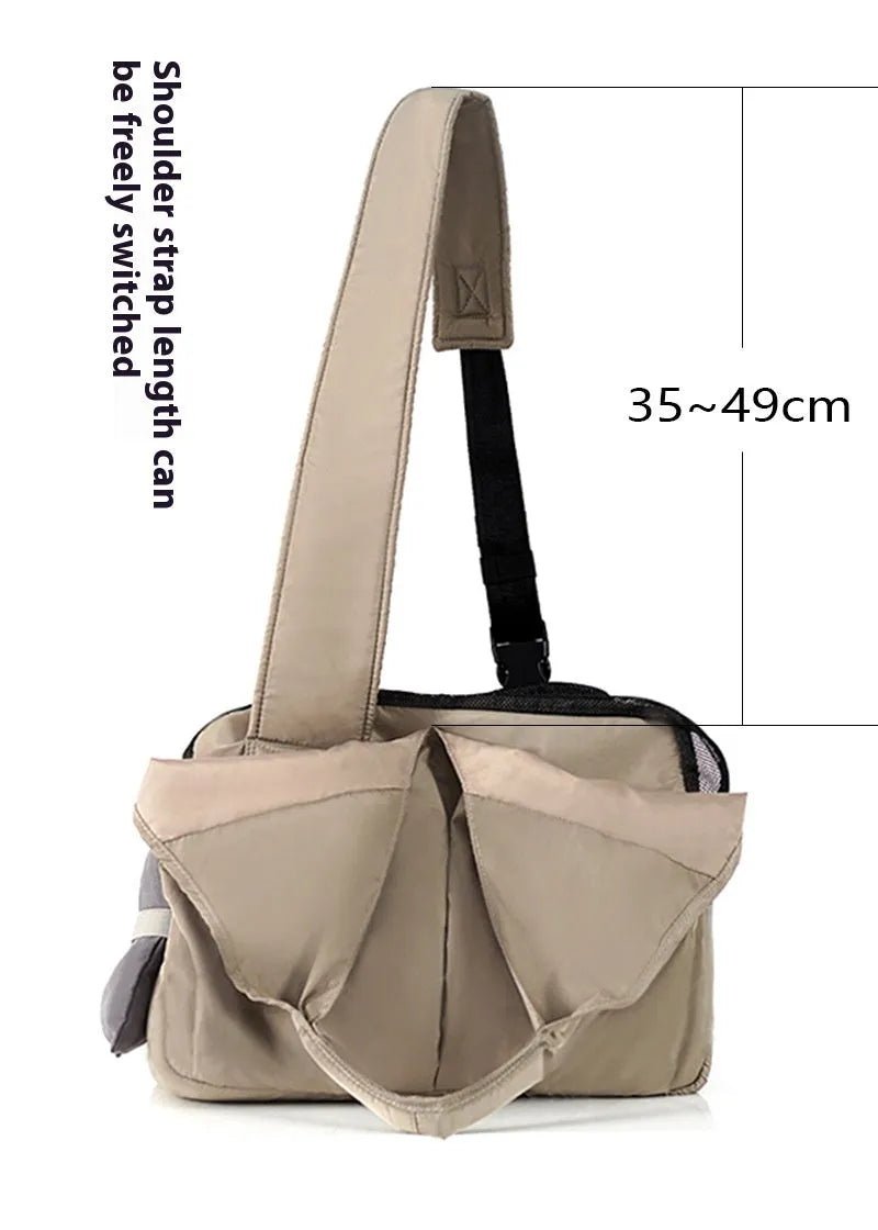 Apricot coloured cloth pet handbag for small dog transportation with 41x16x28 cm dimensions