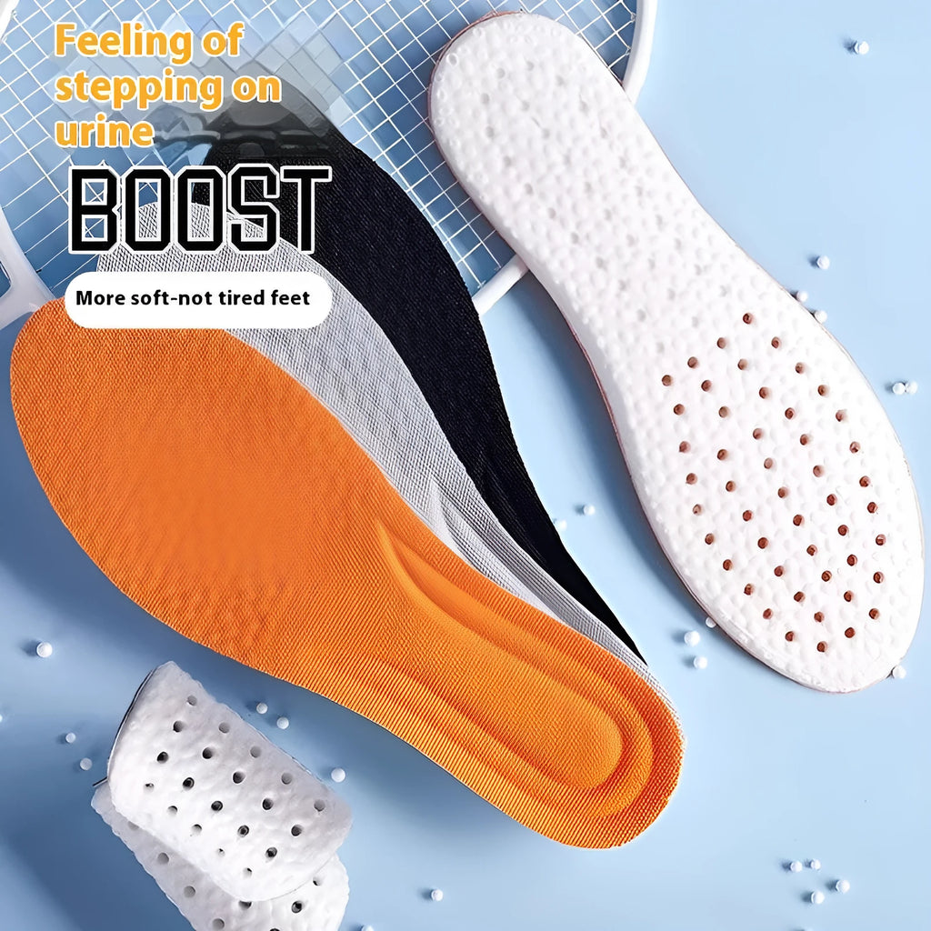 Breathable grey, black, and orange PU sports insoles designed to be cut to fit shoe sizes UK 35 to 46.