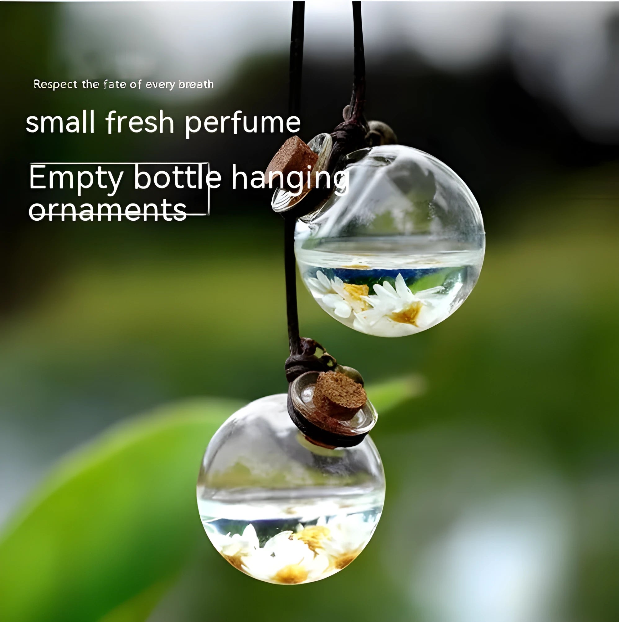 Glass preserved flower car pendant in fire extinguisher shape with pink hydrangea blooms, 28mm diameter