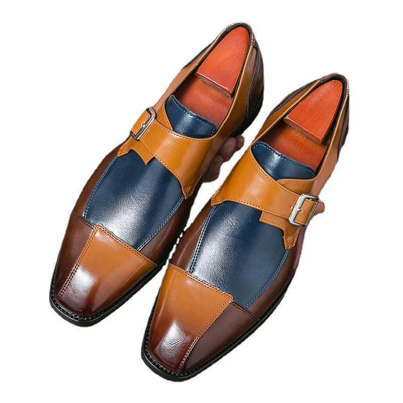 Men's British style retro buckle casual shoes in brown blue and black colours with tall crown design