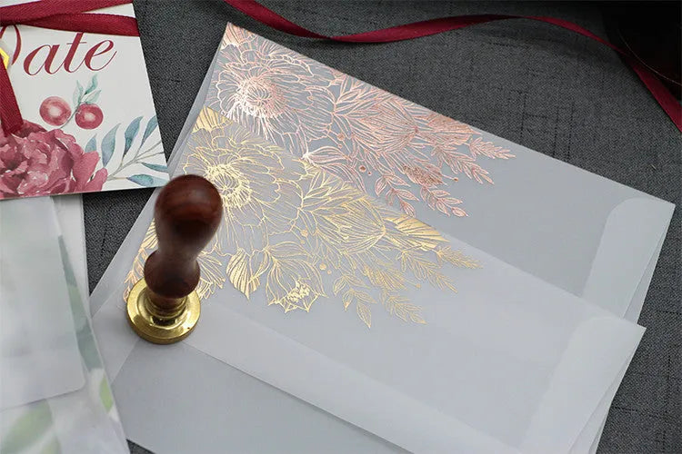 Sulfuric acid paper invitation card with bronzing matte varnish and gold stickers, 12.5x17.6 cm