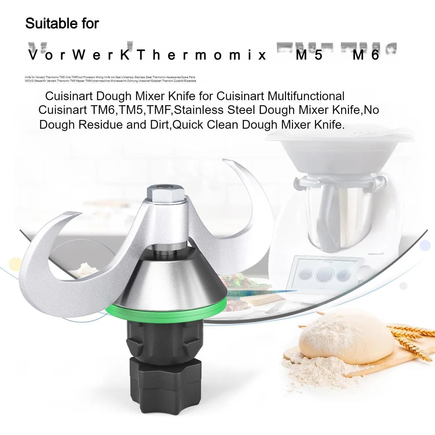 Thermomix stainless steel and ceramic dough knife accessory with tm5to6 adapter