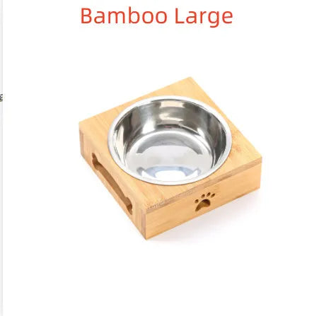 Solid wood pet dining table with stainless steel double bowl raised feeding station for cats and small dogs