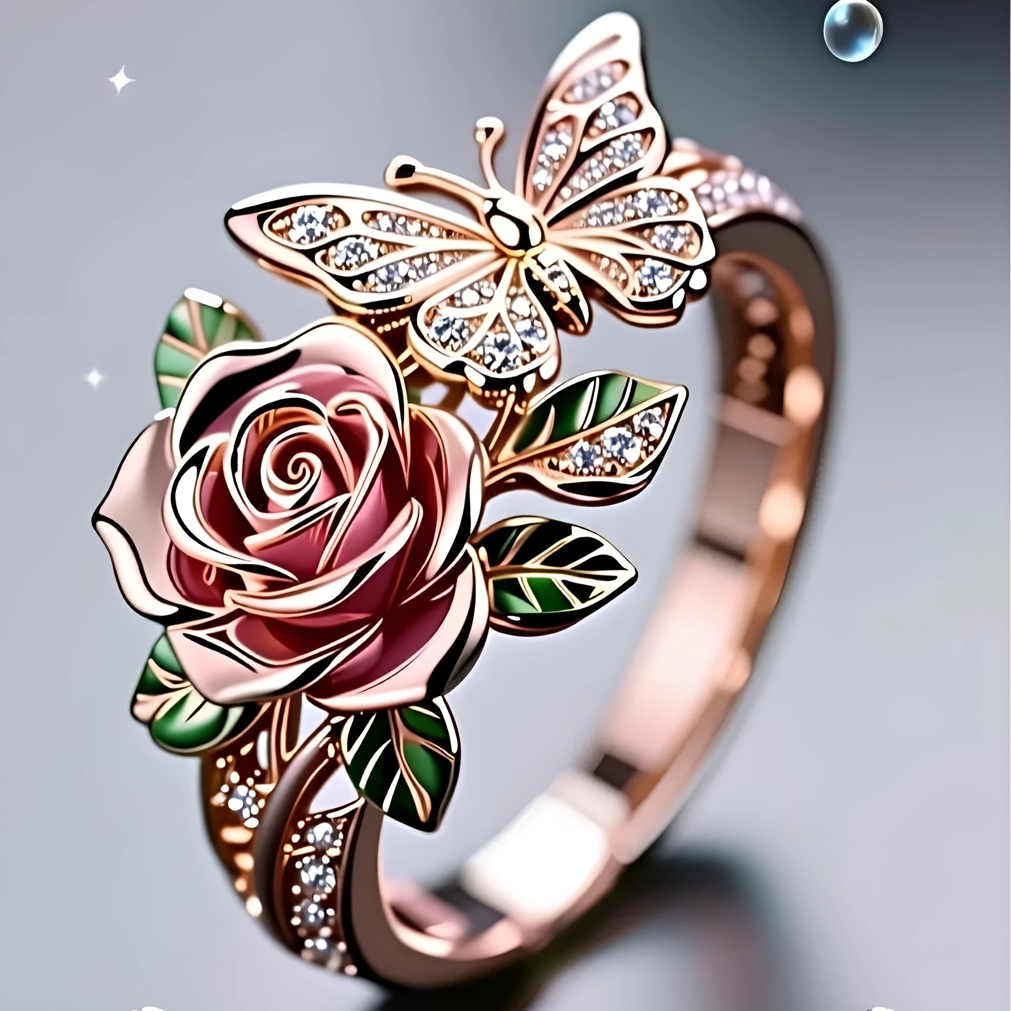 Adjustable alloy personality ring with colourful dripping oil finish showing butterfly and floral modelling