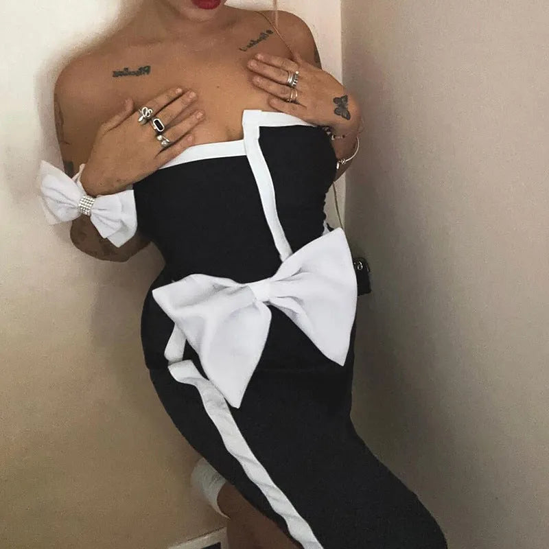 Black and white colour-block bow irregular tube top one-piece swimsuit for women with long skirt option