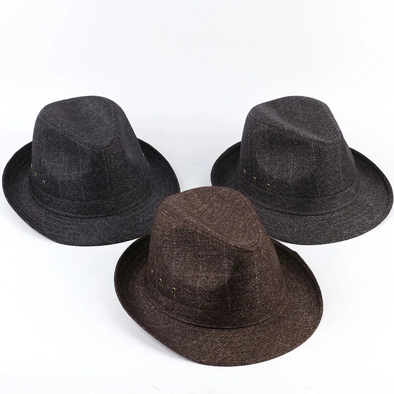 Thickened suit material fedora hat for men shown in beige, with classic pinched crown and brim.