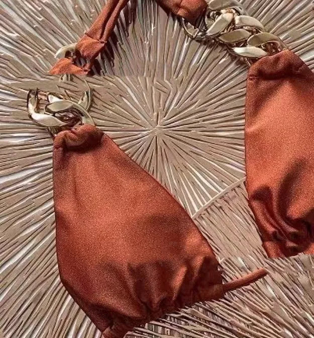 Brown women's tube-top push-up bikini swimsuit with ring tether and split style design