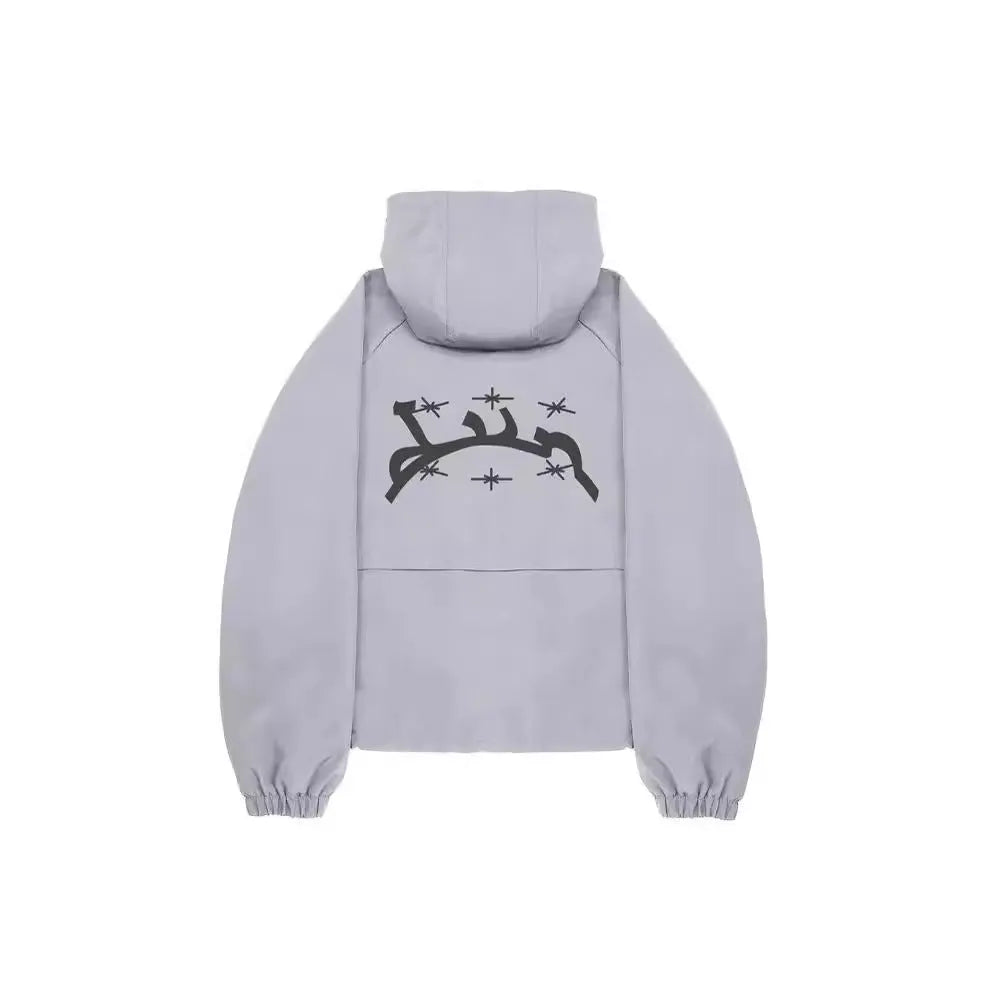 Men's loose hooded sunscreen jacket in grey polyester fabric showing British style tailoring