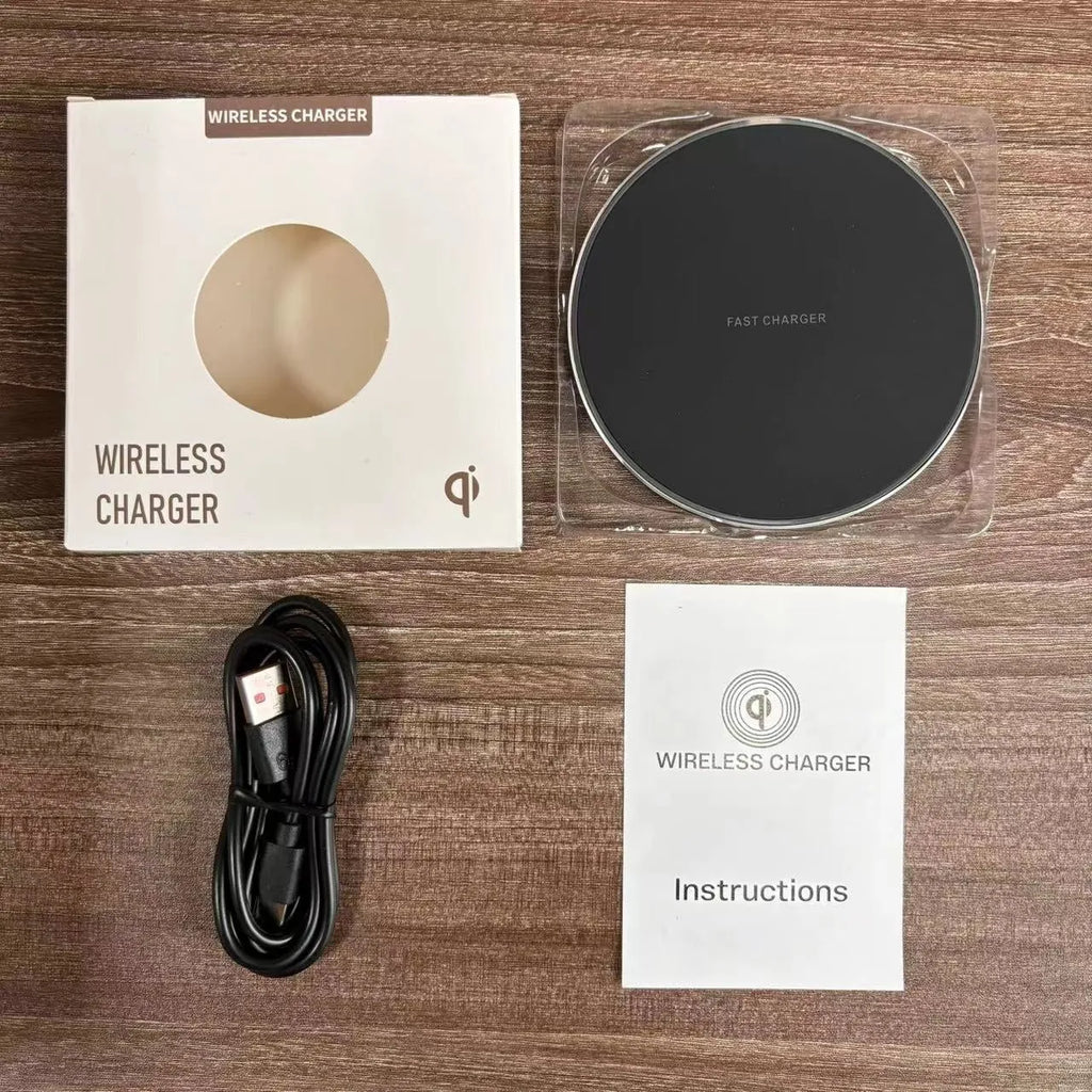 Aluminium alloy Qi wireless phone charger disc, 100mm diameter, 6mm thick, in black with rubber oil surface