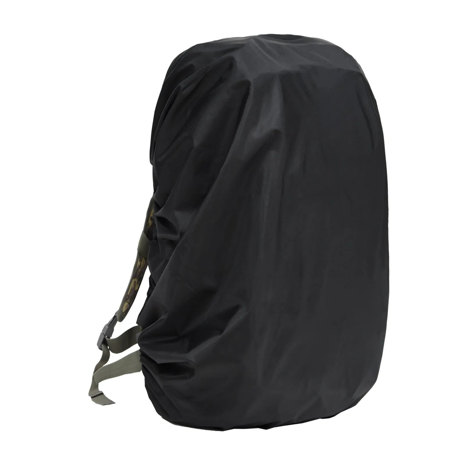 Army green backpack rain cover laid flat, designed to fit over an 80-litre capacity bag.