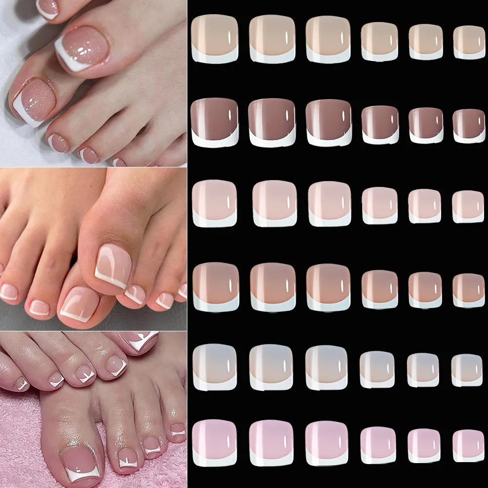 Box of 120 French white edge nude square short toe nail pieces in nine shades.