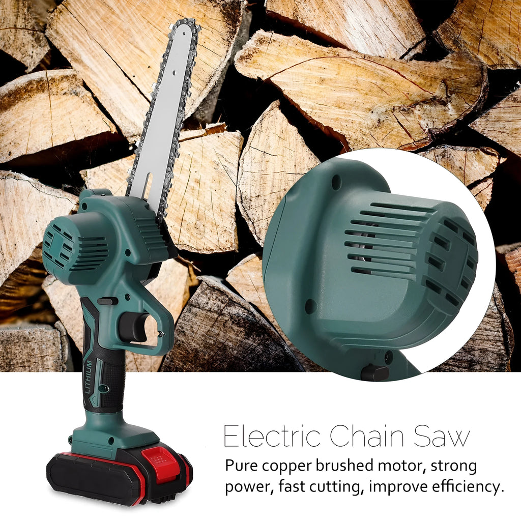Black mini electric chainsaw with 4-inch bar held in one hand showing compact design