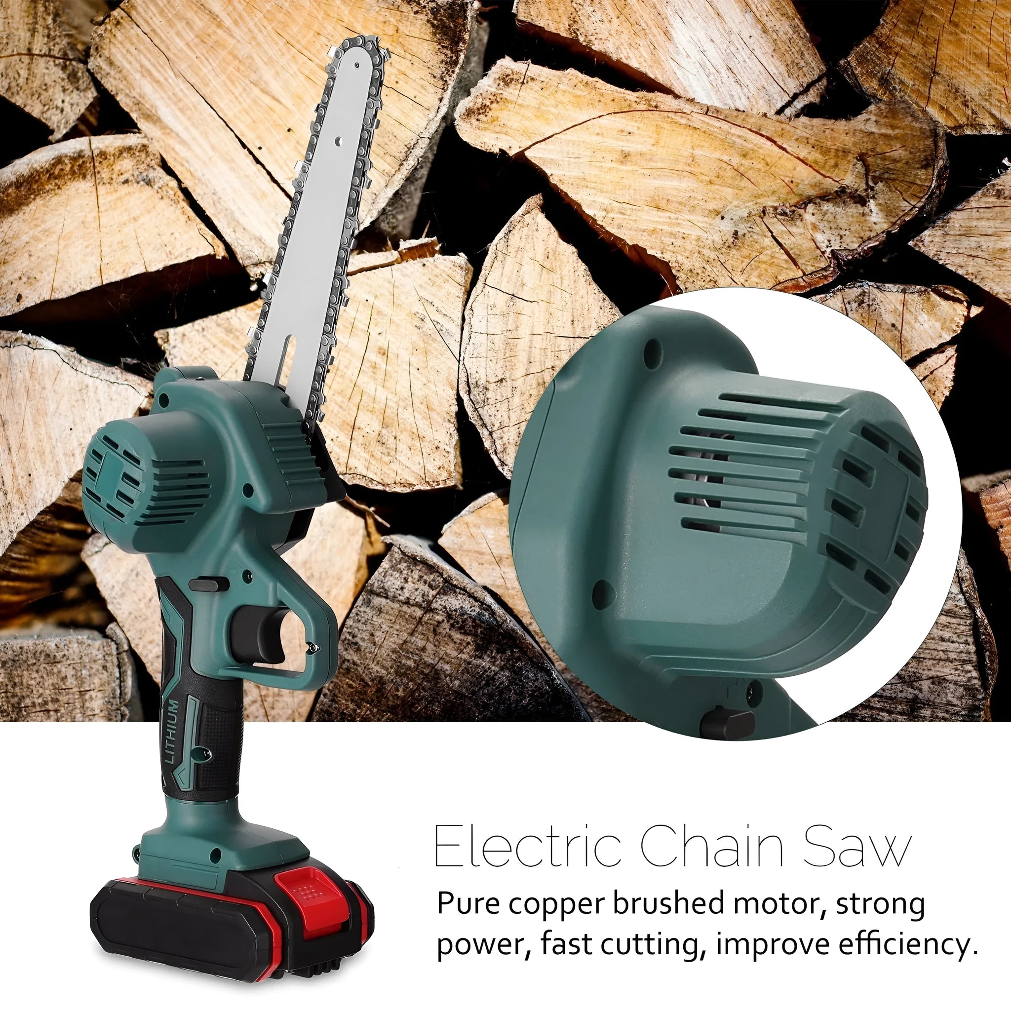 Black mini electric chainsaw with 4-inch bar held in one hand showing compact design