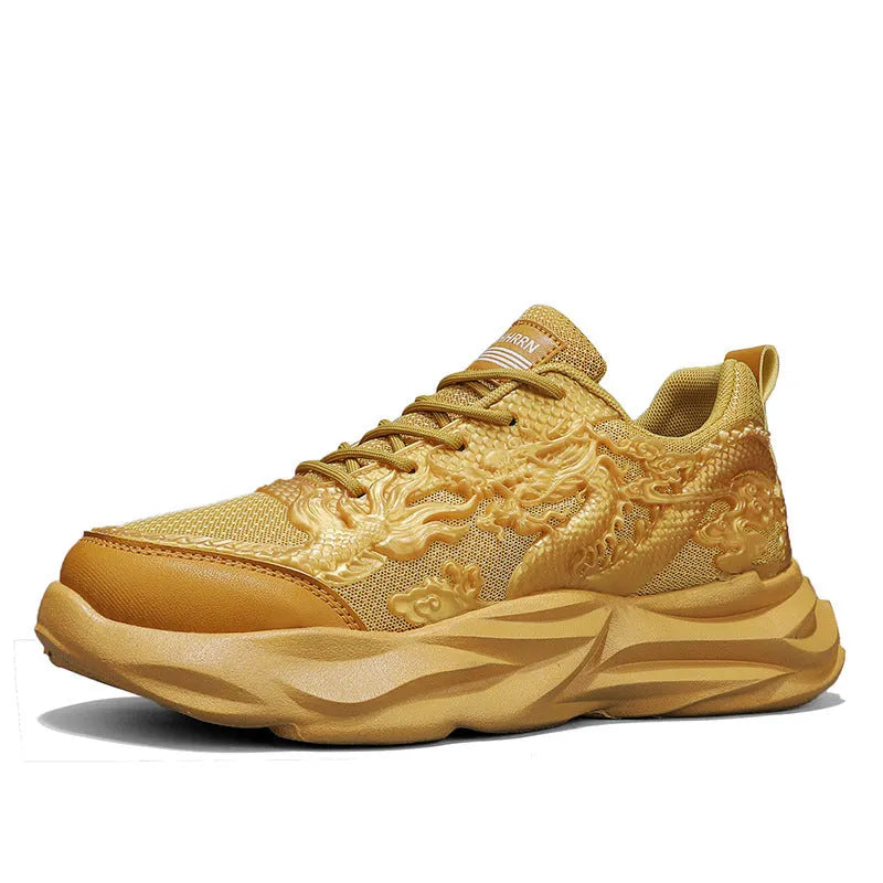 Chinese Loong breathable fly knit sneakers with dragon design and rubber sole in casual style