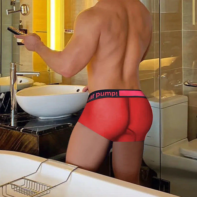 Men's seamless low waist gradient laser cut nylon underwear in black, red, and white colours for sports