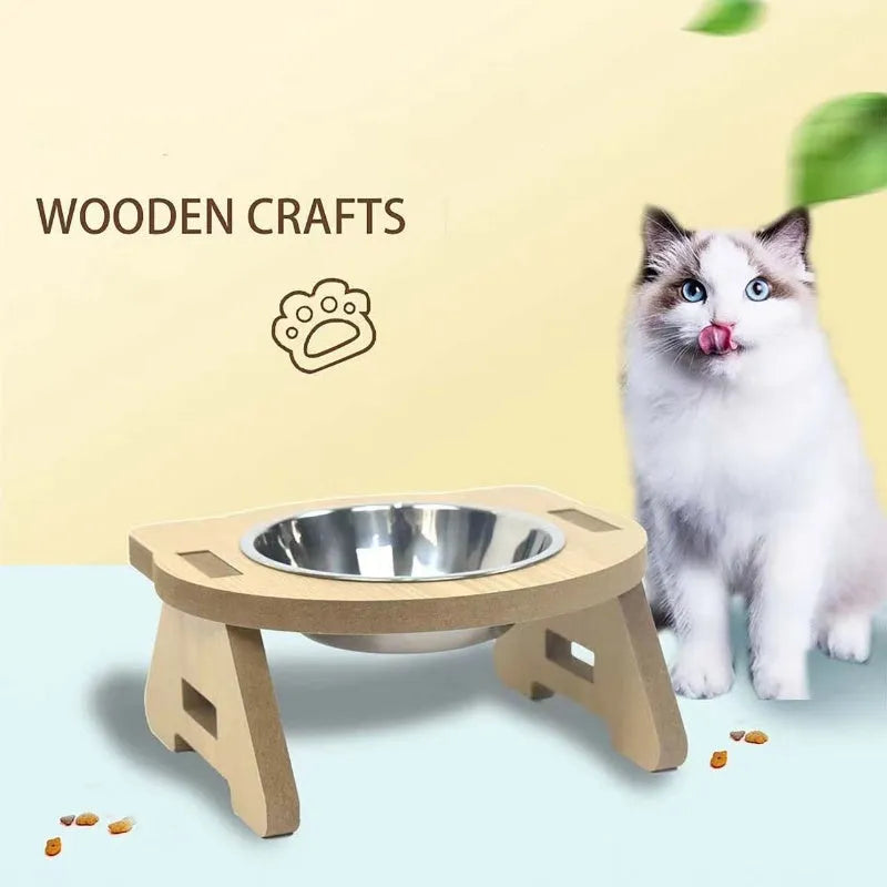 Wooden cat bowl feeder with two stainless steel bowls for water and food, anti-overturning base