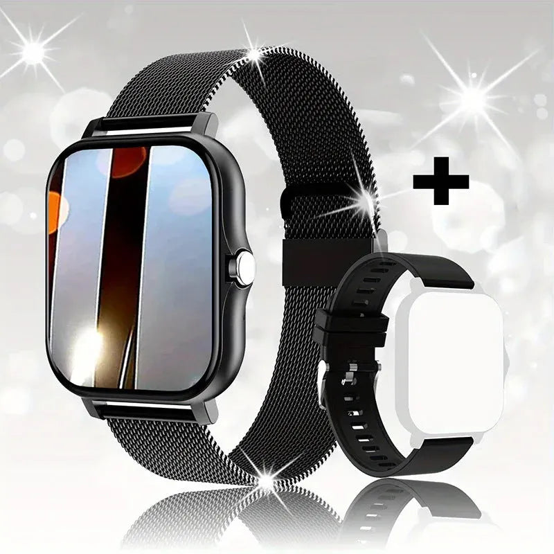 Smart watch with 1.44-inch touch screen showing heart rate display on silicone strap