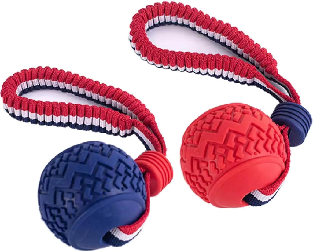 Blue and red durable rubber dog ball attached to a rope for tug-of-war and dental care.