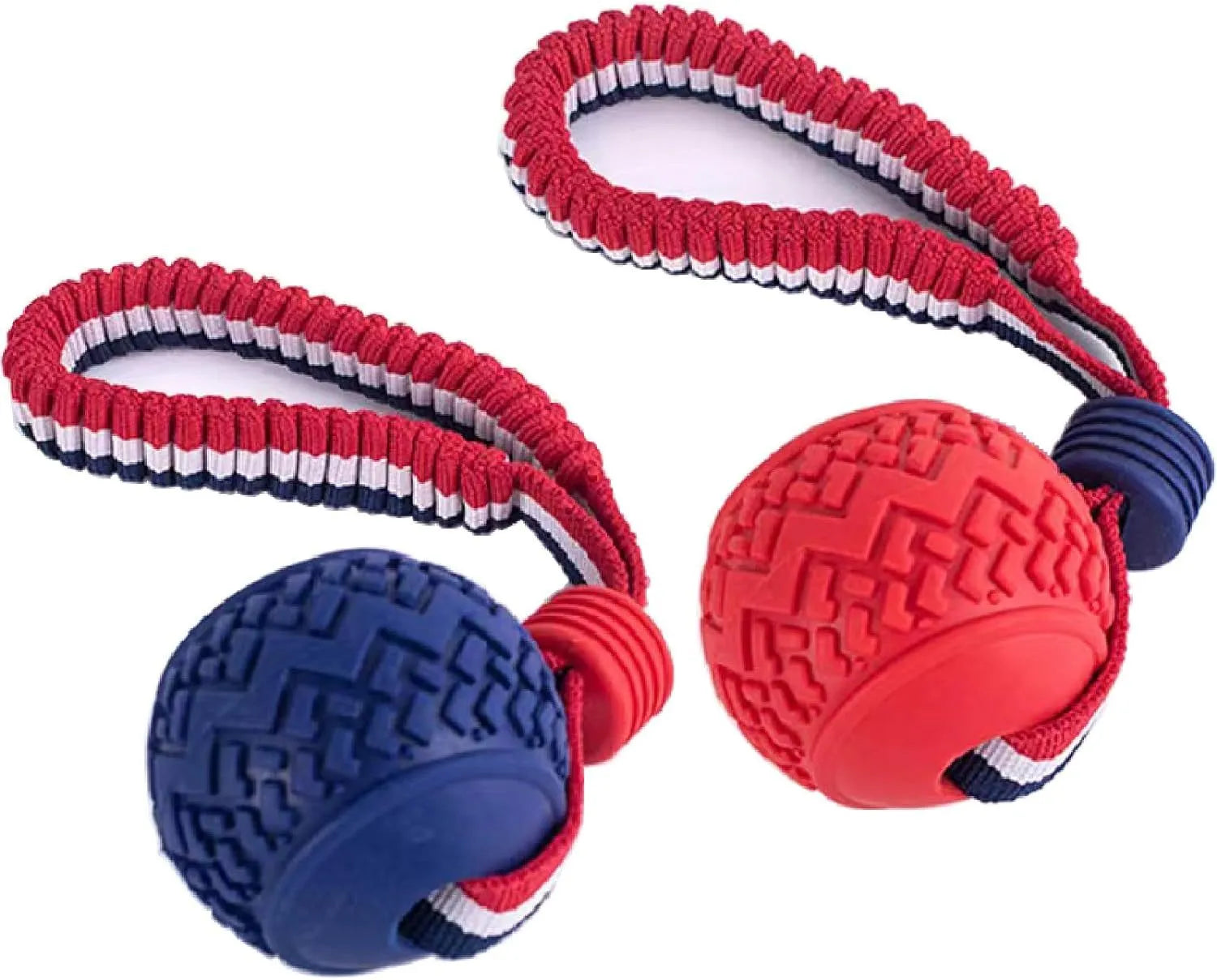 Blue and red durable rubber dog ball attached to a rope for tug-of-war and dental care.