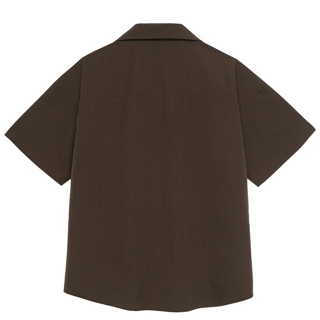 Brown coffee colour striped men's Cuban collar shirt for outdoor camping activities