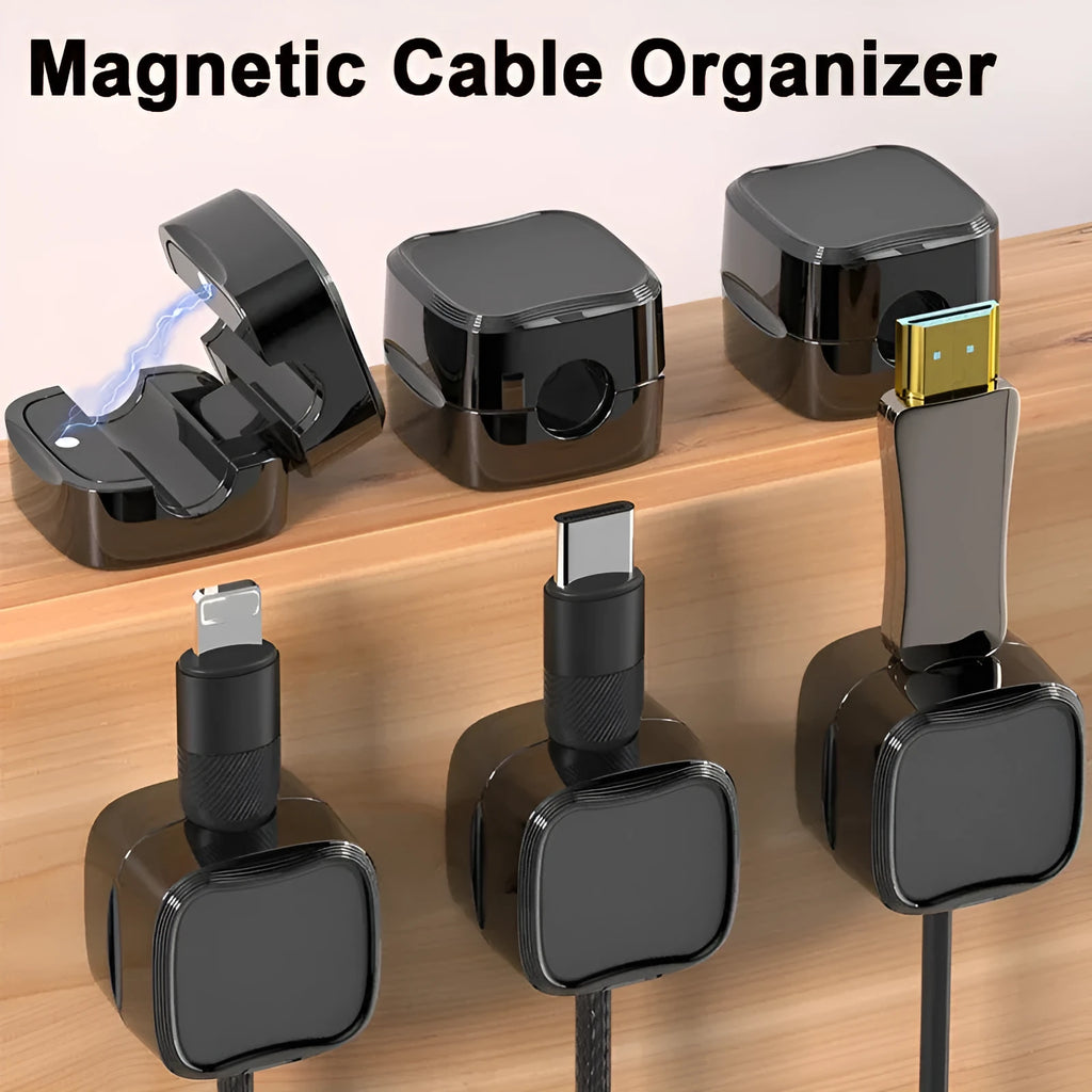 Magnetic cable clip in white holding a USB cable under a desk, with adhesive backing visible