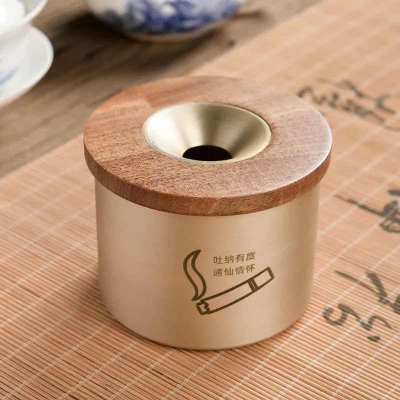 Solid brass copper ashtray with a wooden lid in retro style for home use