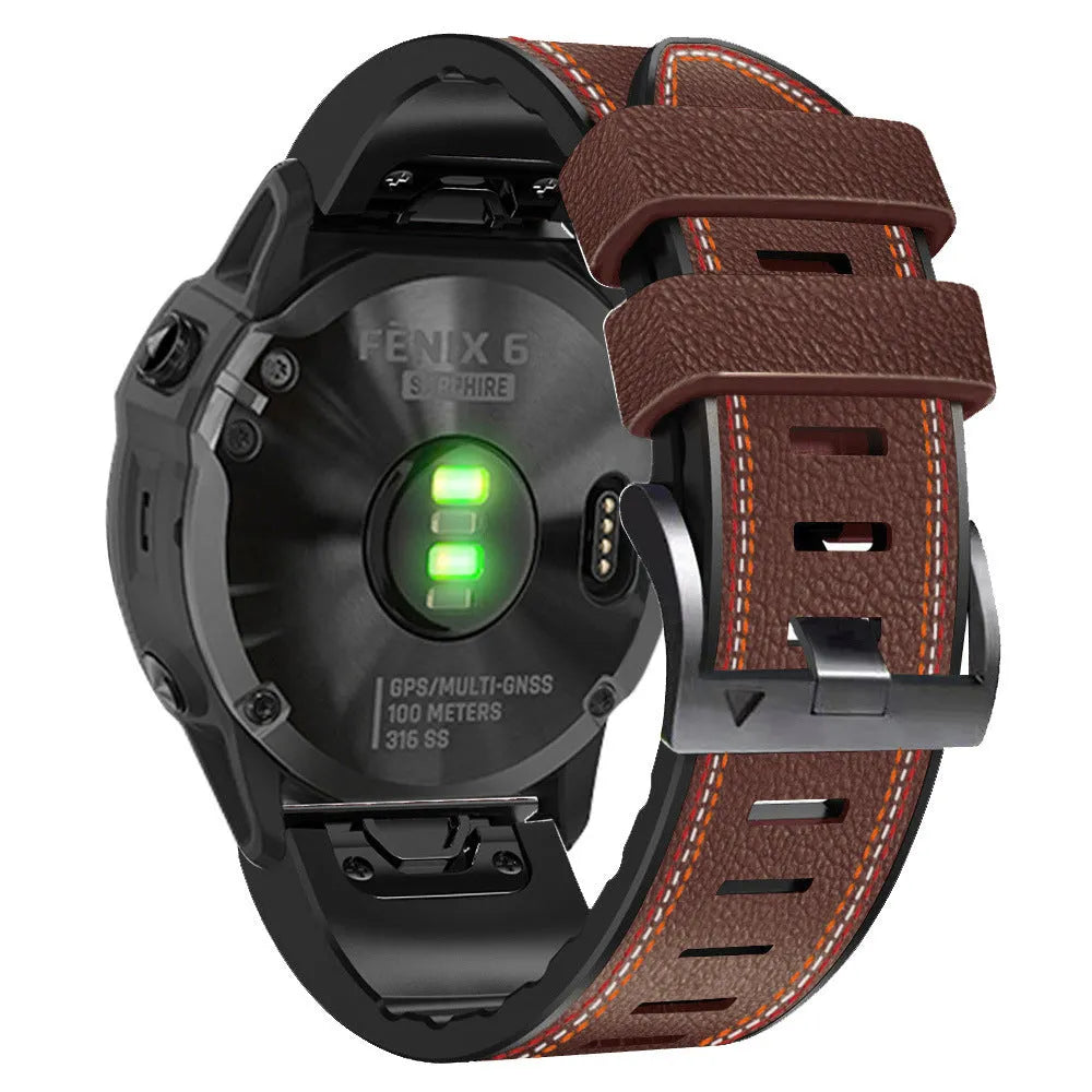 Silicone leather quick release watchband for Garmin Fenix smartwatch in black, shown alongside brown and white colour options.