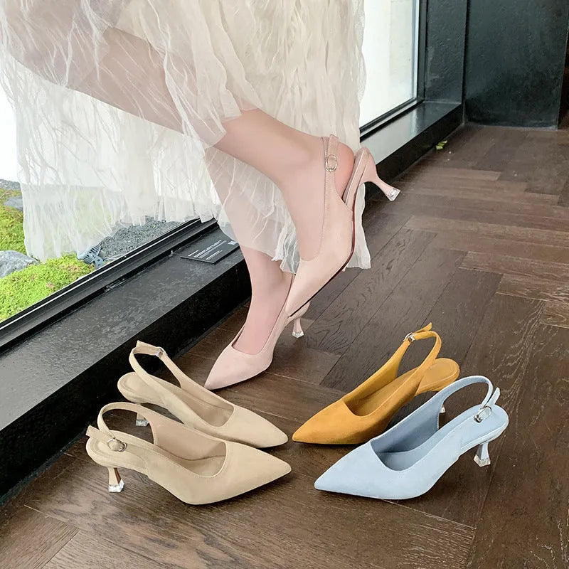 Suede pointed stiletto high heels in pink with a slim heel and microfiber lining