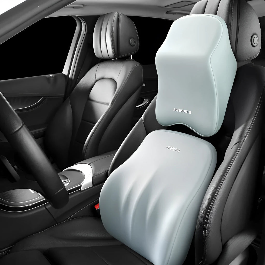 Memory foam car lumbar pillow set with large headrest and big waist rest in geometry pattern, black cover
