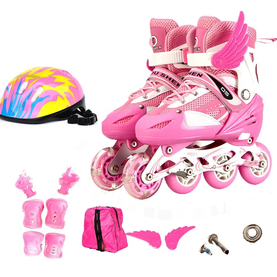 Yellow children's adjustable roller skates with PU mesh upper, aluminium frame, and full set of protective gear including helmet.