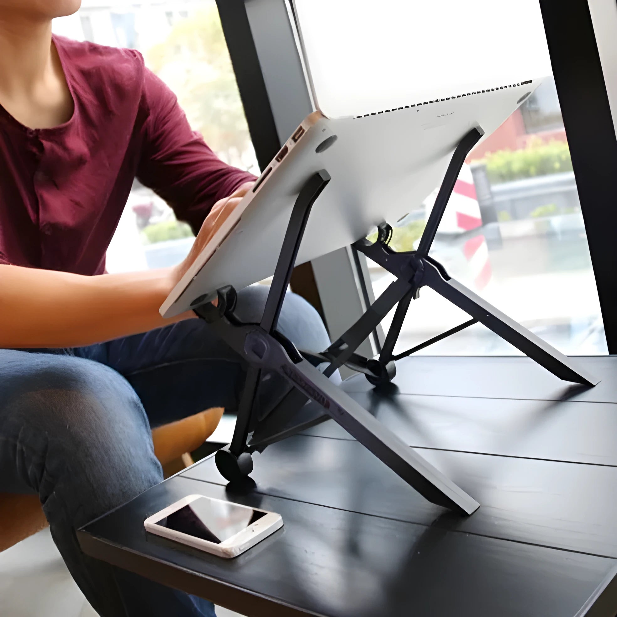 Sagacious black portable folding laptop stand bracket with compact 40cm design
